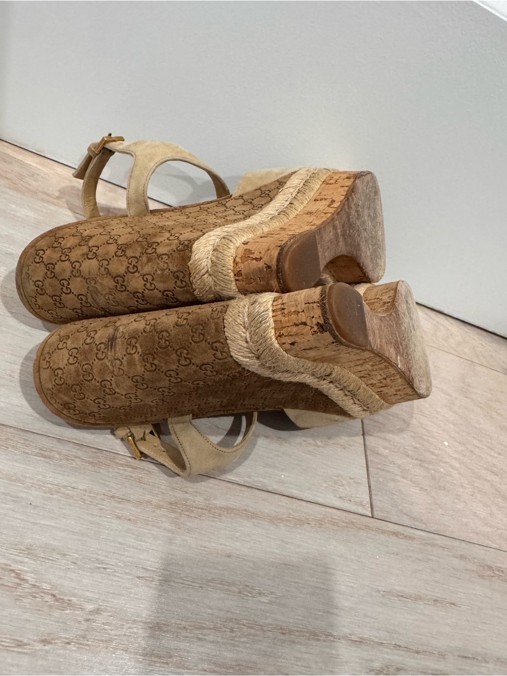 Gucci Tan Suede Wedge Sandals with Ankle Strap - Picture 9 of 10